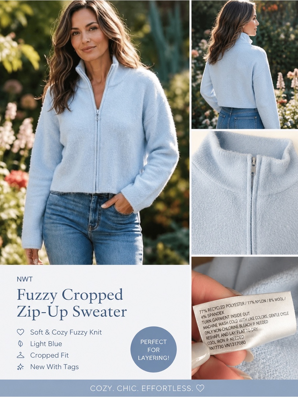 wild fable Light Blue Fuzzy Cropped Zip-Up Sweater